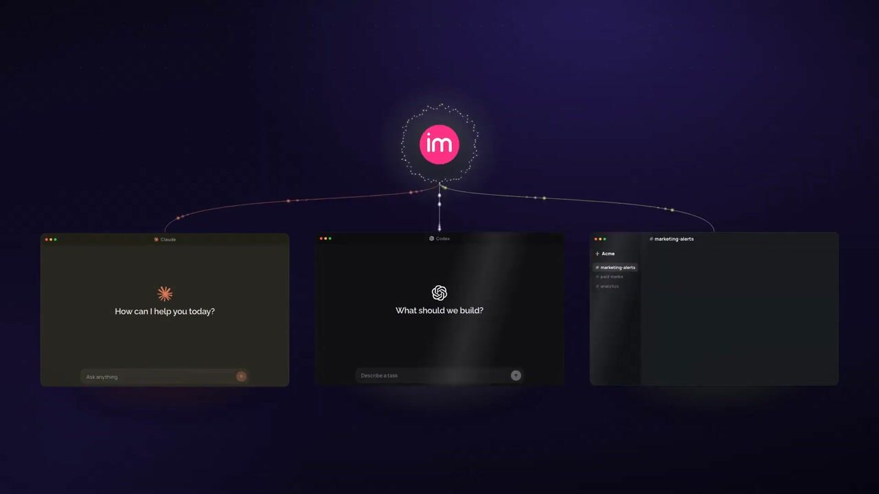 The Improvado hub linked to three AI workspaces — Claude, Codex and a Slack marketing-alerts channel — each ready to take a marketing question.