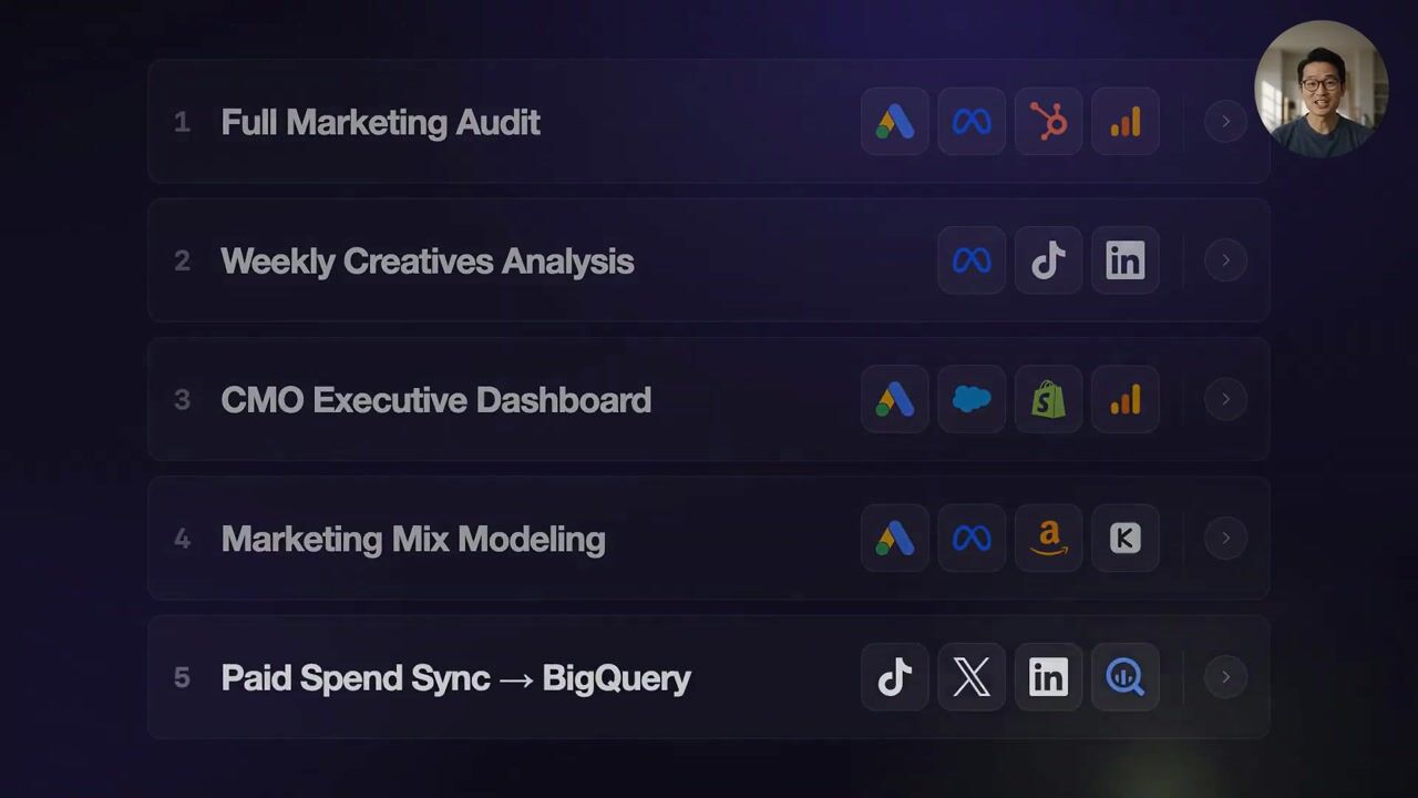 Five Improvado agent use cases — Full Marketing Audit, Weekly Creatives Analysis, CMO Executive Dashboard, Marketing Mix Modeling, Paid Spend Sync — each listed with the data sources it connects.